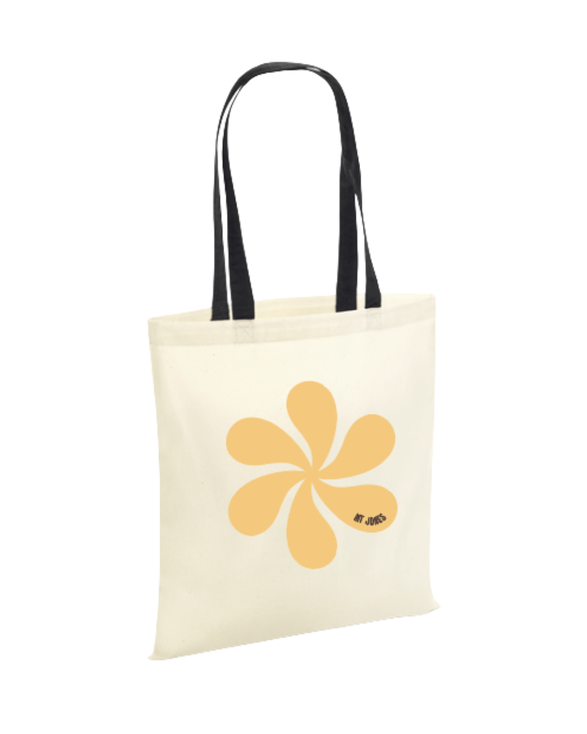 Beige tote bag with a yellow flower design on a white background