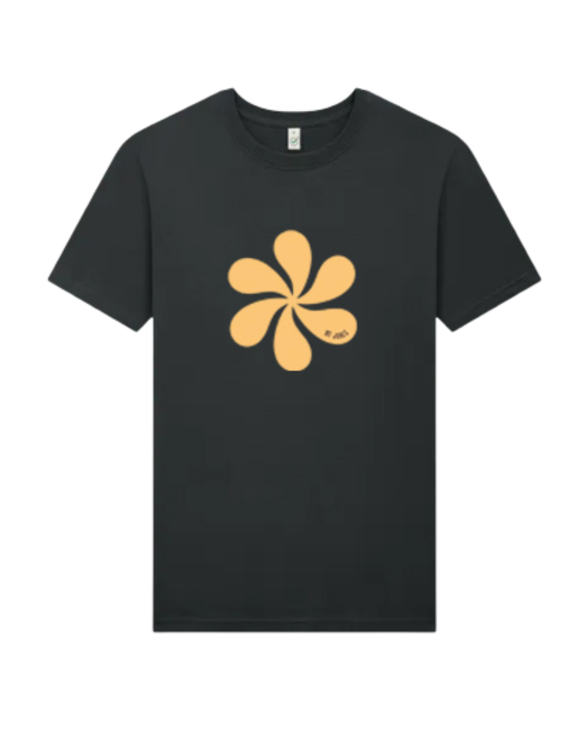 Black t-shirt with a yellow flower design on a white background